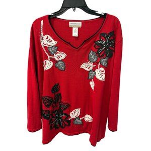 Alfred Dunner Floral Embellished Knit Sweater Women’s 3X – Red Black White